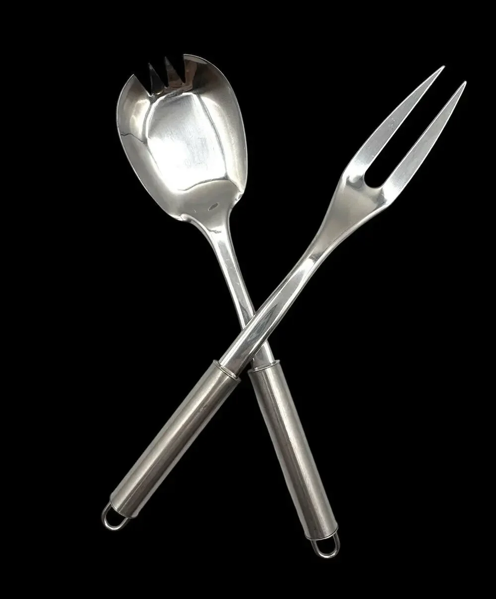 Vintage Dansk Salad Serving Spoon & Fork Set 2 Stainless Steel Silver 18/8 Hooks